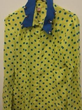 Women Polka Dot Button-Up Blouse in Lime & Teal Size Medium